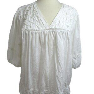 Calligraphi Blouse Top Women's SZ‎ XL White Short Sleeve V-Neck Pullover Cotton